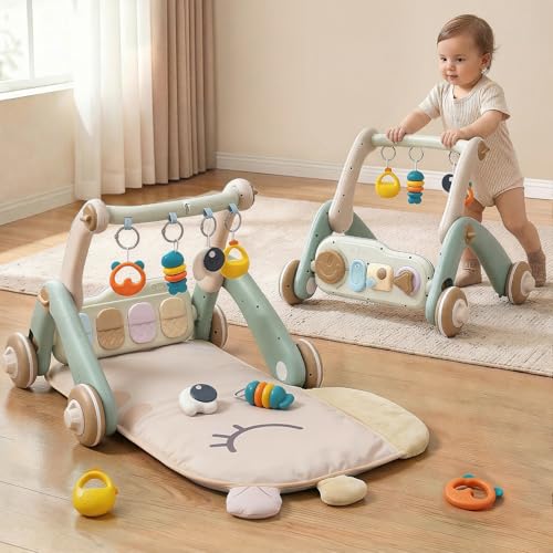 Image of Jovow 2 in 1 Baby Gym with Walker,Baby Play Mat with Double-Sided Multifunctional Removable Play Piano Panel, Educational Sensory Toys for 0-24 Months Boy Girl [White]