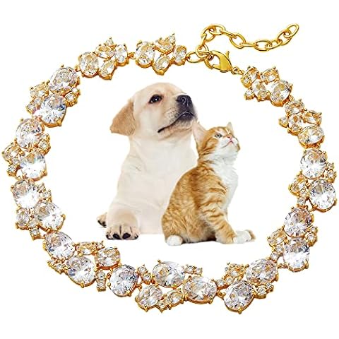 W/W Lifetime Dog Chain Collar Cubic Zironia Bling Collar for Puppy Kitty Adjustable Cat Collar with Iced Out Crystal Stones Watch Band Necklace Jewelry for Small Medium Dogs Cats (Gold, 14") Cover