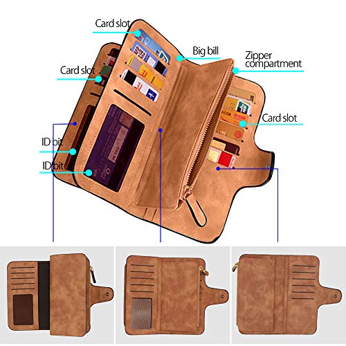 Women's RFID Blocking Wallet, Large Capacity Bifold PU Leather Phone Card Holder Organizer Snap Wallet with Zipper Pocket for Girls, Travel Purse, Brown, 9cm x 2cm x 19cm4