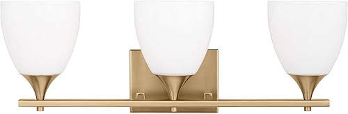 Scott Living Toffino - Moderno aplique de pared de baño de 3 luces en latón satinado con tonos de vidrio de leche