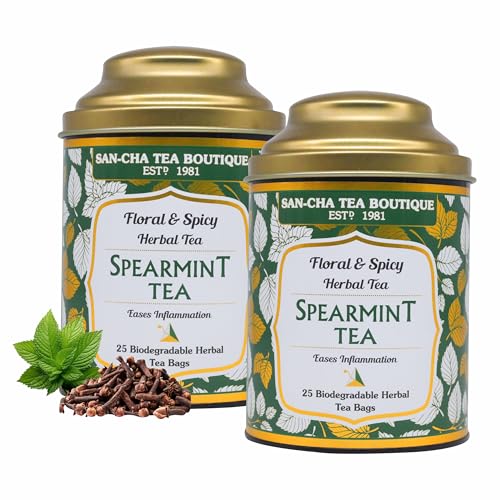 Image of Sancha Spearmint Herbal Tea Bags | Caffeine-Free Mint, Clove & Lemongrass Blend | 25 Biodegradable Pyramid Bags x Pack of 2