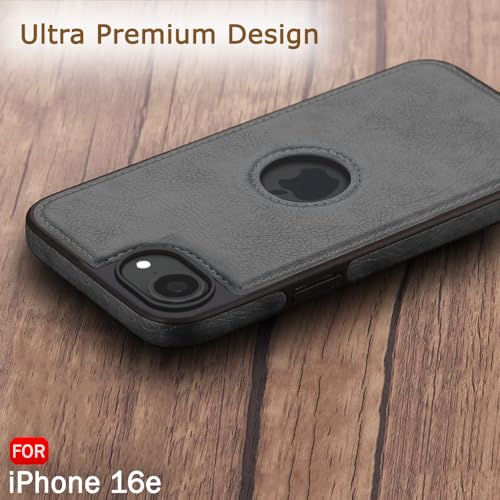 Image of TheGiftKart Genuine Leather Finish Back Cover Case for iPhone 16e | Shockproof Design | Raised Edges for Camera & Screen Protection | Stunning Minimalist Design Case Cover (Black Sides, Grey)