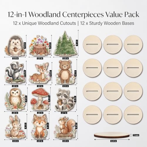 Image of Woodland Baby Shower Decorations 12Pcs Wood Centerpieces for Table Decor | Sturdy 3mm Wood Woodland Animals Baby Shower Decorations, Stable Table Centerpieces for Forest Theme Birthday Party Decor