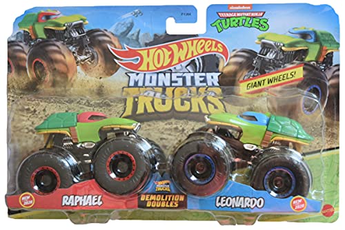 Hot Wheels Monster Trucks Raphael VS Leonardo, Demolition Doubles 1:64 Scale TMNT