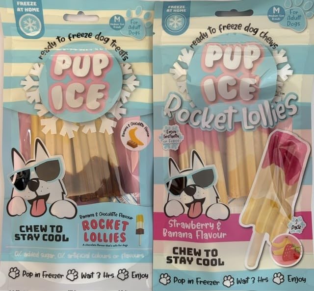 Cooling Dog Treat Rocket Lollies Variety Pack (Contains 4 lollies) - Banana & Chocolate/Strawberry & Banana READY TO FREEZE AT HOME (Suitable for Medium Sized Dogs)