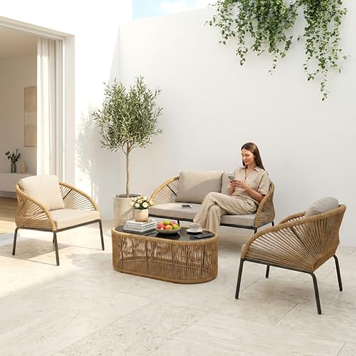 Image of Amazon Brand - Solimo Solix Outdoor Rope Sofa Set | Balcony Sofa | Patio Conversation Sets | Braided Rope Garden Sofa Set and Center Table (4 Seater- Light Brown)