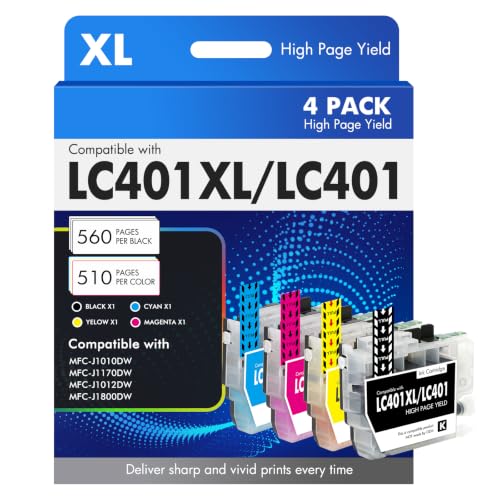Image of Cool Toner LC401XL LC401 MFC-J1010DW Ink Cartridges for Brother Printer LC 401 401XL for MFC-J1010DW MFC-J1170DW MFC-J1012DW MFC-J1800DW MFC J1010DW - 4 Pack High Yields Black Cyan Magenta Yellow