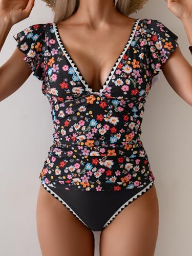 Women's Tankini Swimsuit Tummy Control Ruffle Two Piece Bathing Suit V Neck Ruched Swimwear with Bottom3