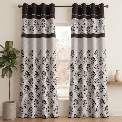 Image of Home Sizzler 2 Pieces Dual Tone Botanical Print Polyester Semi- Transparent Eyelet Door Curtains- 7 Feet, Brown
