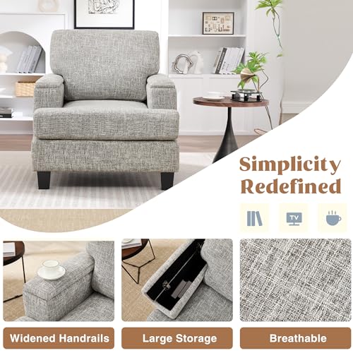 Image of Accent Chairs Set of 2 with Armrest Storage, Fabric Upholstered Reading Living Room Chairs, Modern Comfy Large Armchairs, Sofa Chair for Bedroom (Light Grey)
