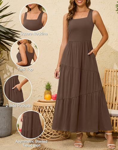 Kranda 2025 Summer Sleeveless Long Beach Sundress Square Neck Tank Top Tiered Maxi Dress with Pockets4