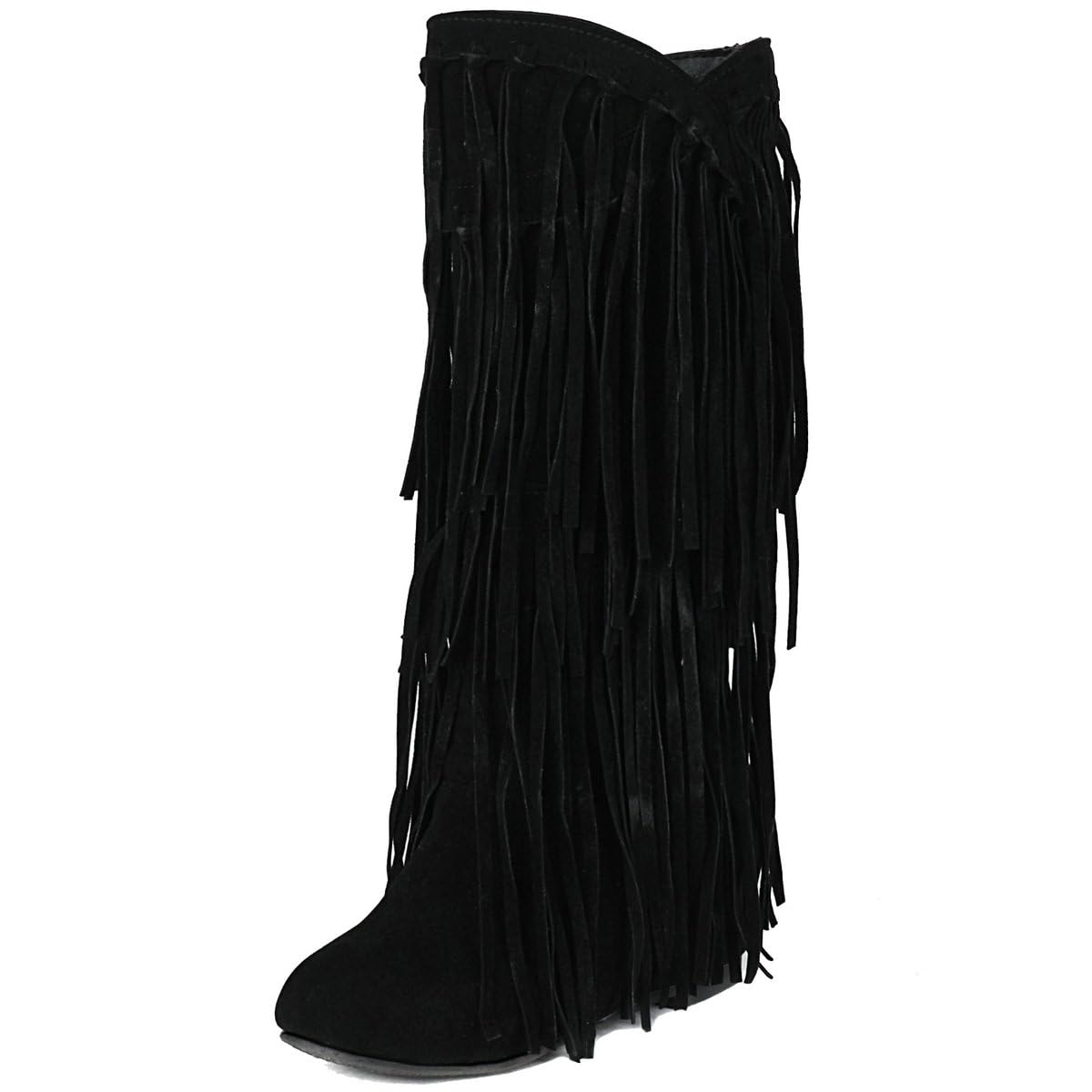 DINTAHA Fringe Suede Boots Flat Knee High Boots With Tassel Long Tall Pull On Boots