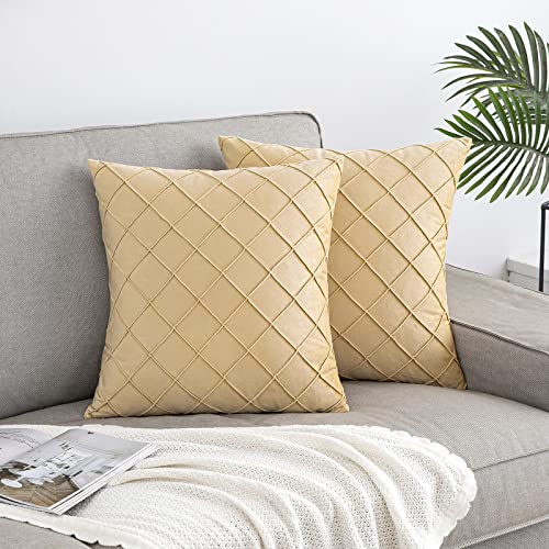EMEMA Samt Kissenbezug Sofakissen Dekokissen Gitter Kissenhülle Kissenbezüge Couchkissen Kissen Samtkissen Weich Einfarbig Zierkissen ohne Füllung für Sofa Wohnzimmer 2er Set 45x45 cm Khaki