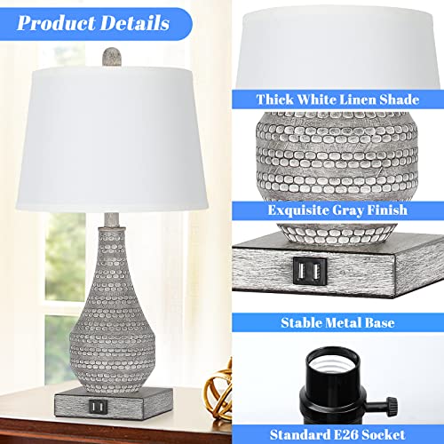 Set Of 2 Table Lamps For Bedrooms With 2 Usb Ports, 23In Farmhouse Rustic Living Room Table Lamps For End Table, Bedside Lamps For Nightstand Reading Desk, Gray Body&White Shade, Rotary Switch No Bulb #TOP3