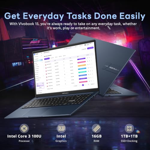 Image of ASUS Vivobook 15.6 inch FHD Business Laptop, Intel Core 3 100U, 16GB DDR5, 2TB Storage (1TB SSD + 1TB Docking Station Set), Intel Graphics, Number Pad, 720p Webcam, Wi-Fi 6, Win 11 Pro, Quiet Blue