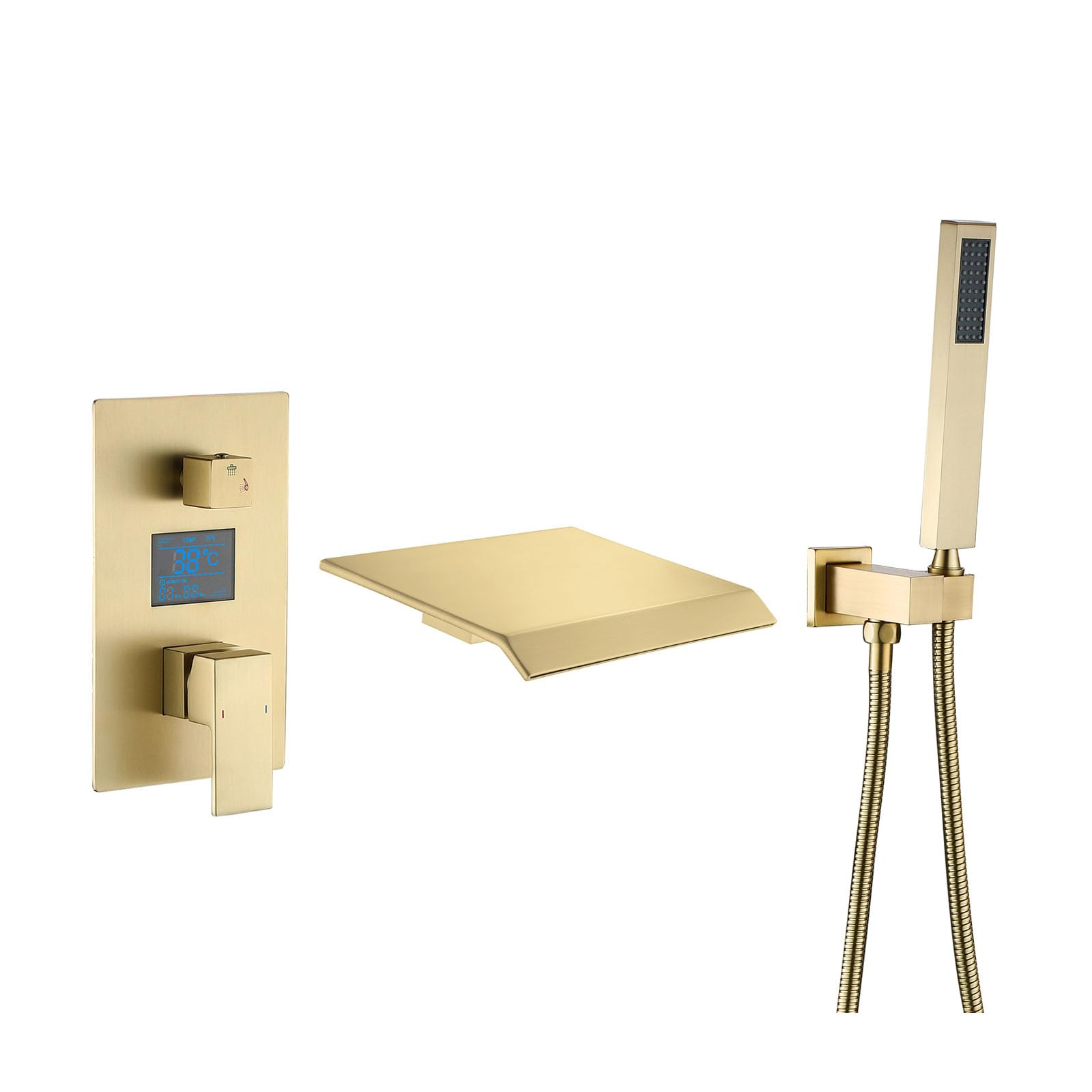 SWENEEN Modern Brushed Gold Wall Mounted Bathtub Faucet Set With High Flow Waterfall Design And Hand Shower Tub Filler With Sprayer Stylish Bathroom Upgrade,Brushed Gold-A