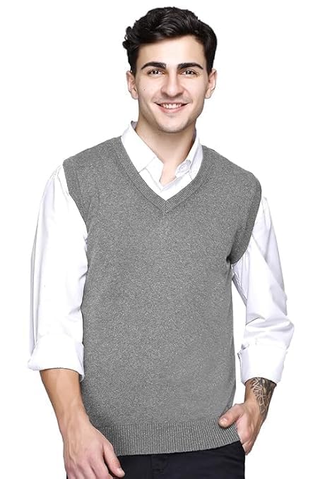 Men V-Neck Solid Woolen Sleeveless Sweater for Winter (38 Light Grey)-picture-28