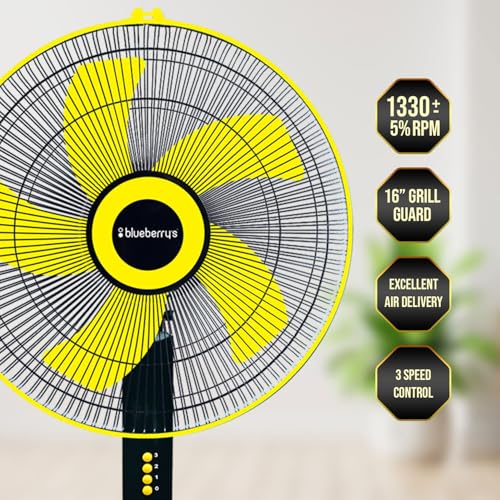 Image of Blueberry's 5 Blade Pedestal Fan High Speed for Home | 3 Adjustable Fan Speeds | 1300 RPM Motor | 2 Year Warranty