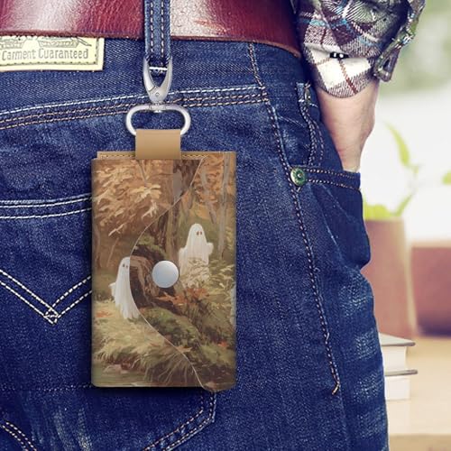 Several Cute White Ghosts in An Autumn Forest Key Holder Bag PU Leather ID Card Holder Keychains Case Cover for Men Women4