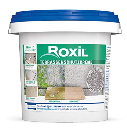 Preisvergleich Produktbild Roxil Terrassenschutzcreme - 10 Jahre Terrassenschutz und Steinversiegelung gegen Einschmutzung, Algenbildung, Moosbildung und Grünbelag - Witterungsschutz für Terrassen und Pflastersteine - 5 Liter