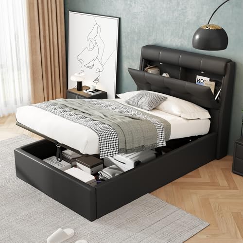 Arhatreya Cama tapizada de 90 x 200 cm, cama de almacenamiento hidráulico, cama individual con somier, cabecero oculto, estante para cajón, cama para adultos y adolescentes (sin colchón), color negro