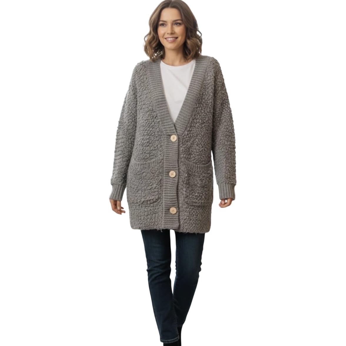 Women Single Piece Knitted Cardigan with Front Button Closure Long Length Limited Availability One of One Winter Layering Outerwear for Boutique Wear Grey-image-22