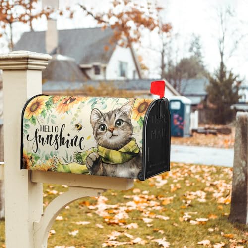 Image of Hello Sunshine Cat Magnetic Mailbox Cover for Garden Yard, Summer Sunflowers Bee Kitten Waterproof Mailbox Wrap Post Cover for Outdoor Outside Patio Decor, Large Size 25.5x21 Inch