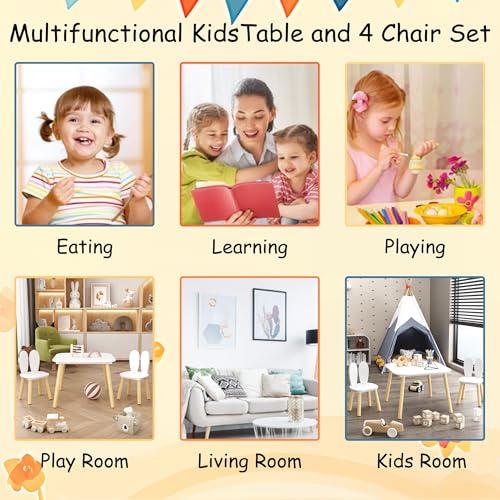 Image of Wood Table & Chairs 3 Pieces Set, Boys Girls Activity Table w / 2 Animal Shaped Chairs, Solid Wood Legs, Safe Rounded Corners, Playroom Furniture for Boys & Girls Activity Dining Drawing Craft.