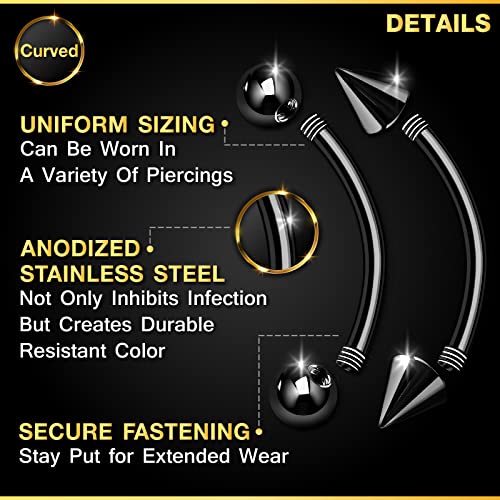 4PCS Stainless Steel Black Curved Barbell Bar 14 Gauge 4mm Ball Spike Nose Earrings Eyebrow Piercing Jewelry See More Sizes (4pcs 10mm bar)3
