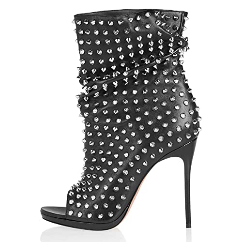 XYD Women Peep Toe High Heels Ankle Boots Rivet Studded Zip Up & Pull On Dress Booties Shoes2