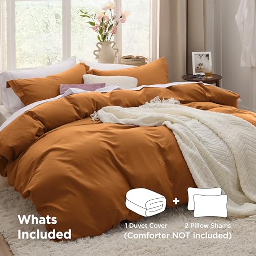 Image of Bedsure Honey Ginger Duvet Cover Full Size - 3 Pieces Prewashed Extra Soft Cotton-Like Bedding Set, Includes 1 Duvet Cover 80x90 Inches with Zipper Closure & 2 Pillow Shams, Comforter Not Included