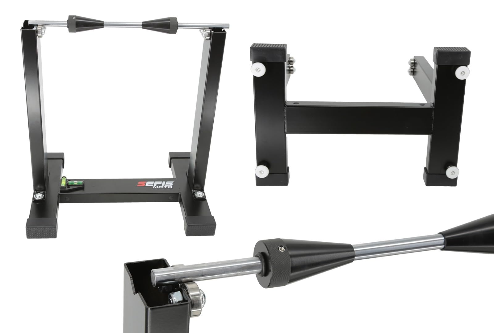 SEFIS Master - Equilibrador de ruedas para motocicleta | Equilibrador de precisión para rueda delantera y trasera, cubo 12,5–33 mm, eje de acero de 12 mm, rodamientos encapsulados, nivel de burbuja