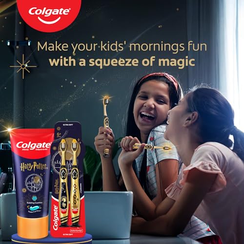 Image of Colgate Harry Potter Kids 6+ Years Toothbrush Set of 2| Ultra Soft Bristles | White, Gold and Black Bristles, Raised Tip to Clean Hard Reach Areas, Suction Cup