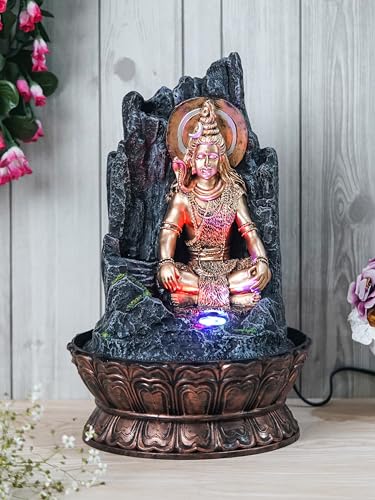 Image of Golden and Grey Polyresin Tabletop Lord Shiva Rock Finish Indoor Waterfall Fountain for Home Decor with Multicolour LED & Speed Control Pump (Size: 27 x 27 x 43 CM | Weight: 2060 Gram)