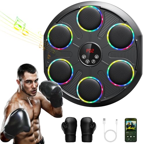 Máquina de Boxeo Musical, Extra Grande Profesional de Pared con LED Dinámico y Guantes, Bluetooth Smart, Máquina Electrónica a 12 Velocidades, para Adultos y Niños, Interior y Gimnasios, Negro