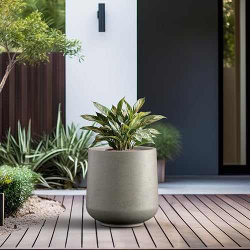 Image of Kante Large Round Curved Weathered Concrete Planter 16.5 inch Dia, Outdoor | Rubber Plug for Indoor, Drainage for Garden, All-Weather Cement Tree Pot, Handcrafted, Anti-Frost & UV, Modern Home Decor