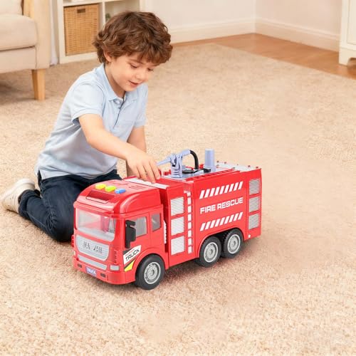 لعبة شاحنة اطفاء متعددة الوظائف للاطفال مع بخاخ ماء مقلد وصوت امن ومتين ومنصة دوارة 360 درجة وسيارة لعب الادوار تعمل بالقصور الذاتي للاولاد والبنات