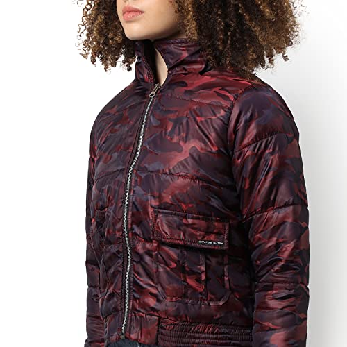 Image of Campus Sutra Women Red Camouflage Puffer Regular Fit Bomber Jacket For Winter Wear | Collared Neck | Full Sleeve | Zipper | Casual Jacket For Woman & Girl | Western Stylish Jacket For Women