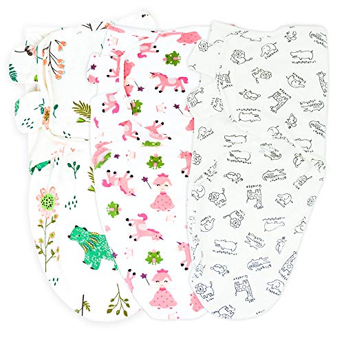 Callowesse© Pucksack Für Neugeborne Babys. 3er Pack Geeignet Für 0-3 Monate (3,2kg - 6,4kg) Aus 100% Baumwolle - Pucktuch 190GSM / 0.5 TOG (Bären & Blüten + Rosa Einhörner + Monochromer Dschungel) Cover