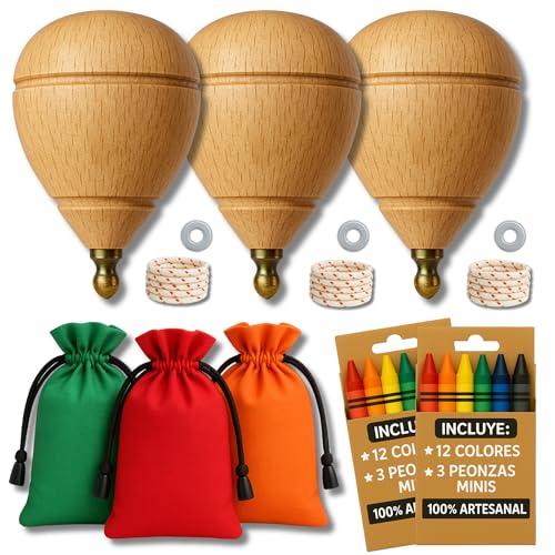 AF Peonza de madeira, conjunto de 3 peças para crianças + 12 cera de cores para crianças 3 bolsas de transporte e 3 arruelas para a corda, personalize o seu rompo de madeira tradicional