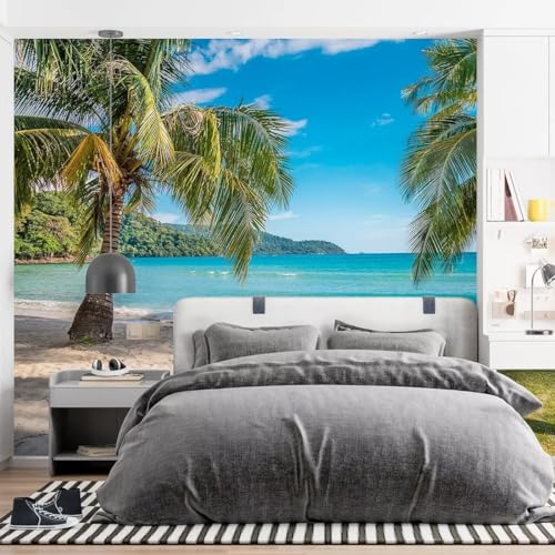 Papel Adesivo Parede Lavável Decorativo Paisagem Cachoeira Praia Mar Palmeira M²