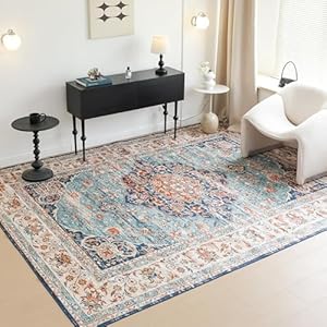 VK VK·LIVING Washable Rug, 5’x7′ Stain Resistant Washable Rug, Machine Washable Rug with Non-Slip, Vintage Boho Area Rug for Living Room Bedroom Dining Home Office Area Rugs (Blue, 5’x7′)
