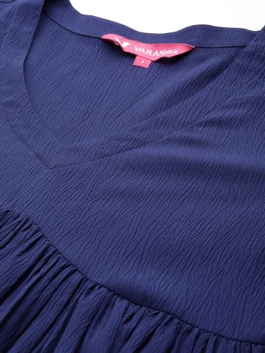 Image of Varanga Women Blue V-Neck, Bishop Sleeves, Gathered Details Calf Length A-Line Dress, Flared Hem