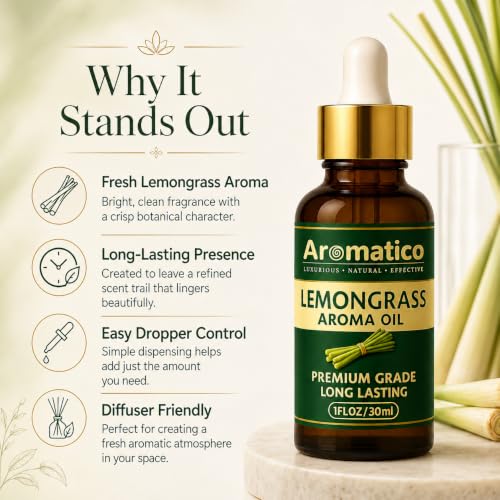 Image of AROMATICO Lemongrass Diffuser Oil for Long-Lasting | Home Fragrance & Aromatherapy, Meditation & Concentration | For Diffusers, Air Fresheners | 30ml