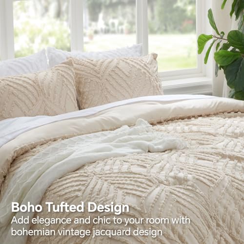 Image of BEDELITE Queen Comforter Set - Tufted Boho Bedding Set, Beige Boho Comforter, Soft Lightweight Comforter Queen, 3 Pieces Farmhouse Jacquard Bed Set for All Seasons
