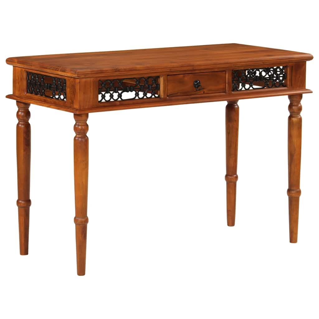 Scrivania in legno di acacia massiccio con cassetto, 110 x 50 x 76 cm, tavolo da lavoro per casa, ufficio, studio, segretario con maniglia in metallo e finitura color miele