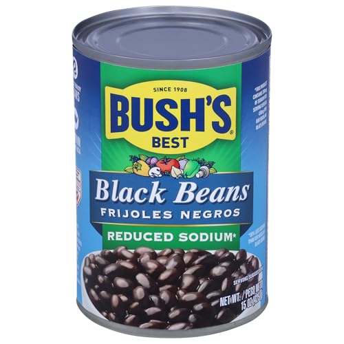 BUSH'S BEST 15 oz Canned Reduced Sodium Black Beans, Source of Plant Based Protein and Fiber, Low Fat, Gluten Free, (Pack of 12)