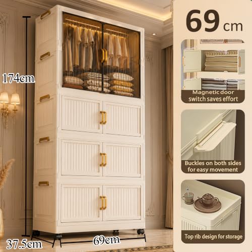 Image of AYSIS Plastic Wardrobe for Clothes | ๐ ๐๐๐๐๐ Foldable Storage Cabinet with Hanging Space, Transparent Magnetic Doors, Dustproof Portable Closet Organizer for Clothes /Kitchen /Books /Toy - White