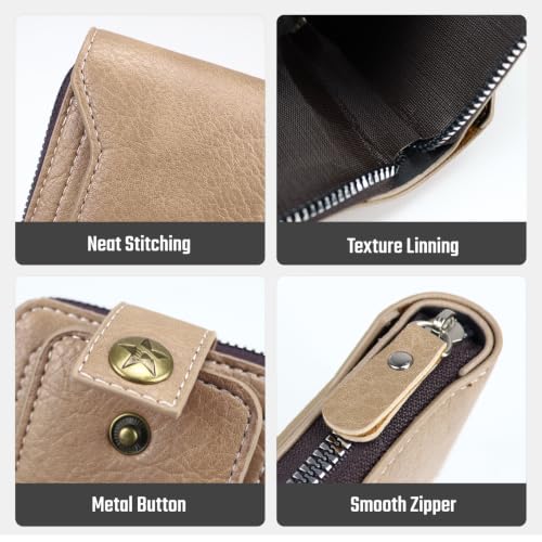 Image of Men Wallet, Vintage PU Leather Multi-Card Zipper Wallet with 8 Card Slots and Coin Pocket Large Capacity Buckle Credit Card Holder Wallet with Zipper (C, Light Brown)