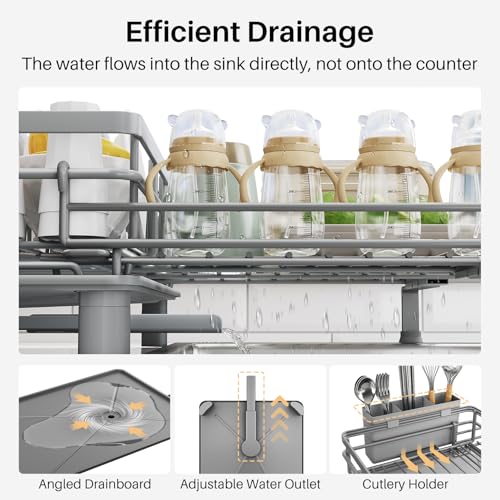 Image of SNTD Dish Drying Rack - Extendable Dish Rack, Large Sink Drying Dish Drainer for Kitchen Counter, Stainless Steel Dish Strainer with Utensil Holder (Grey)